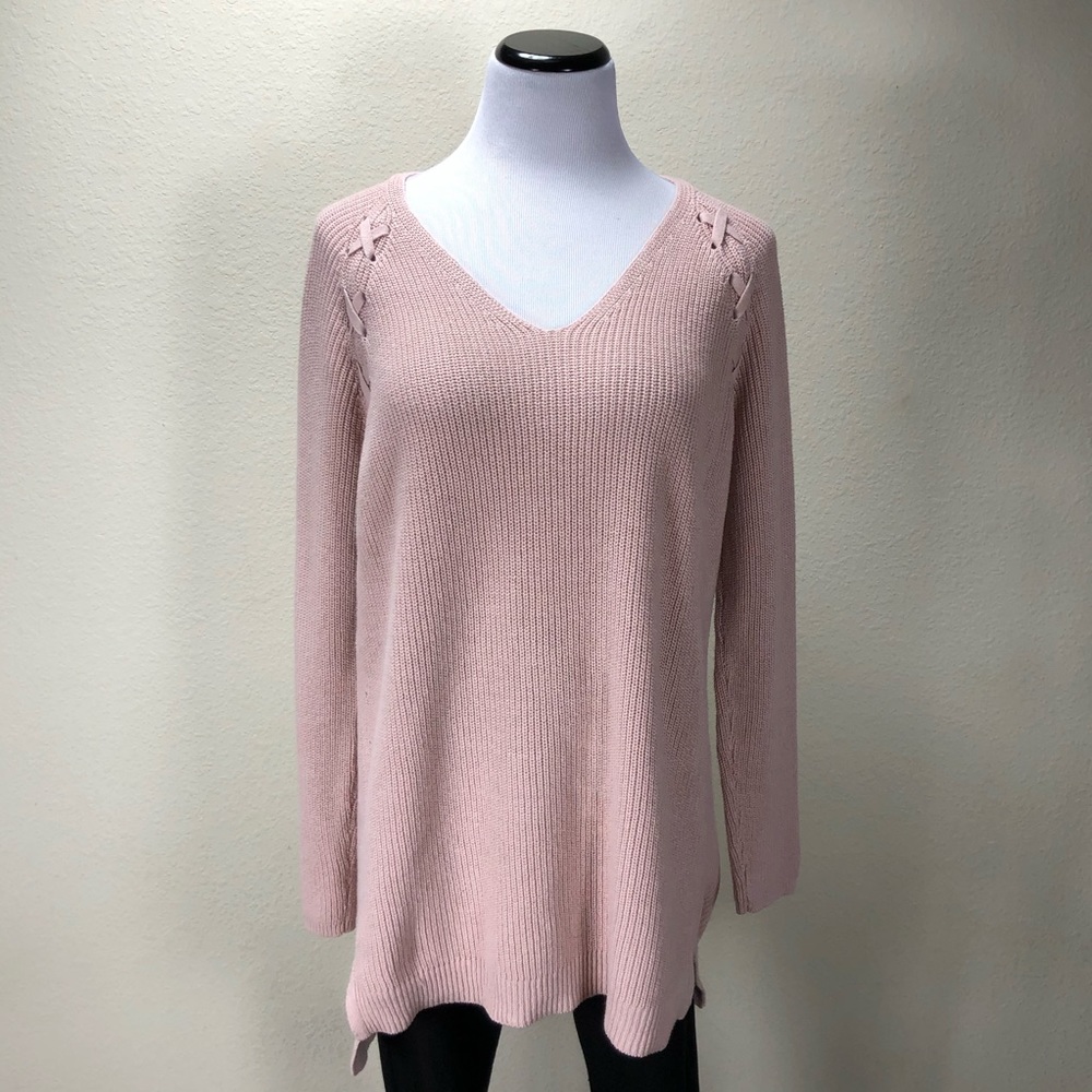 A.N.A Pink Long Sleeve V-Neck Cable Knit Sweater - Picture 1 of 7